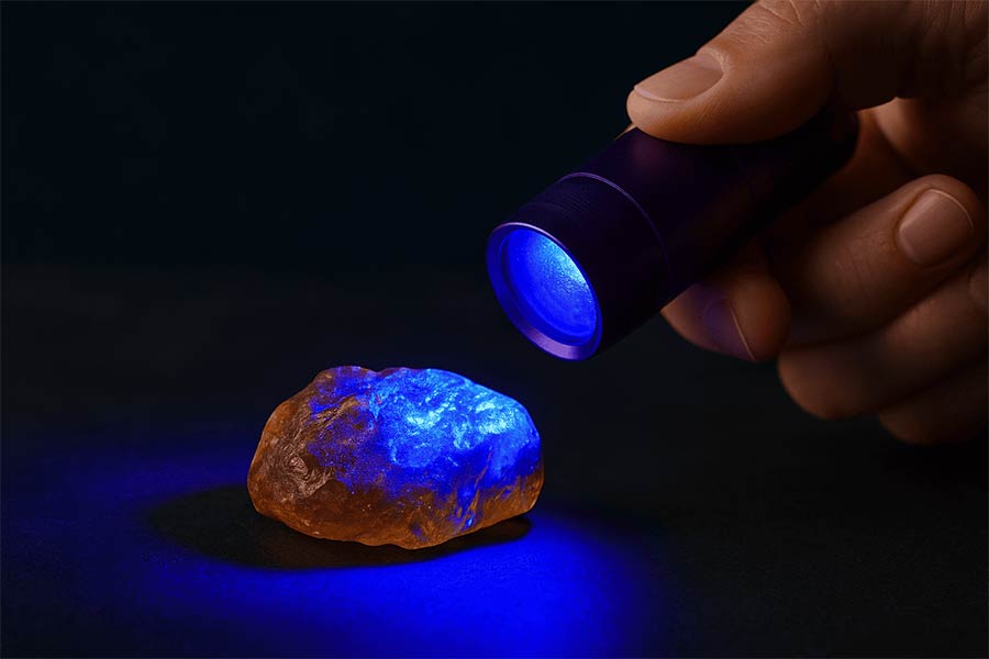 کهربا زیر نور فرابنفش، معمولا درخششی به رنگ آبی یا سبز روشن است.